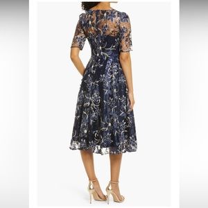 Eliza J Sequin Floral Embroidery Fit & Flare Cocktail Midi Dress size 12. (Navy)